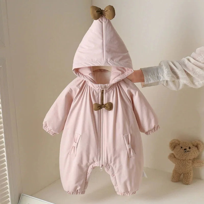Winter Rompers Baby Girls Clothes Korean Fashion Pink Cute Hooded Bow Warm Thicker Jumpsuit Infant Costume Newborn Items B383