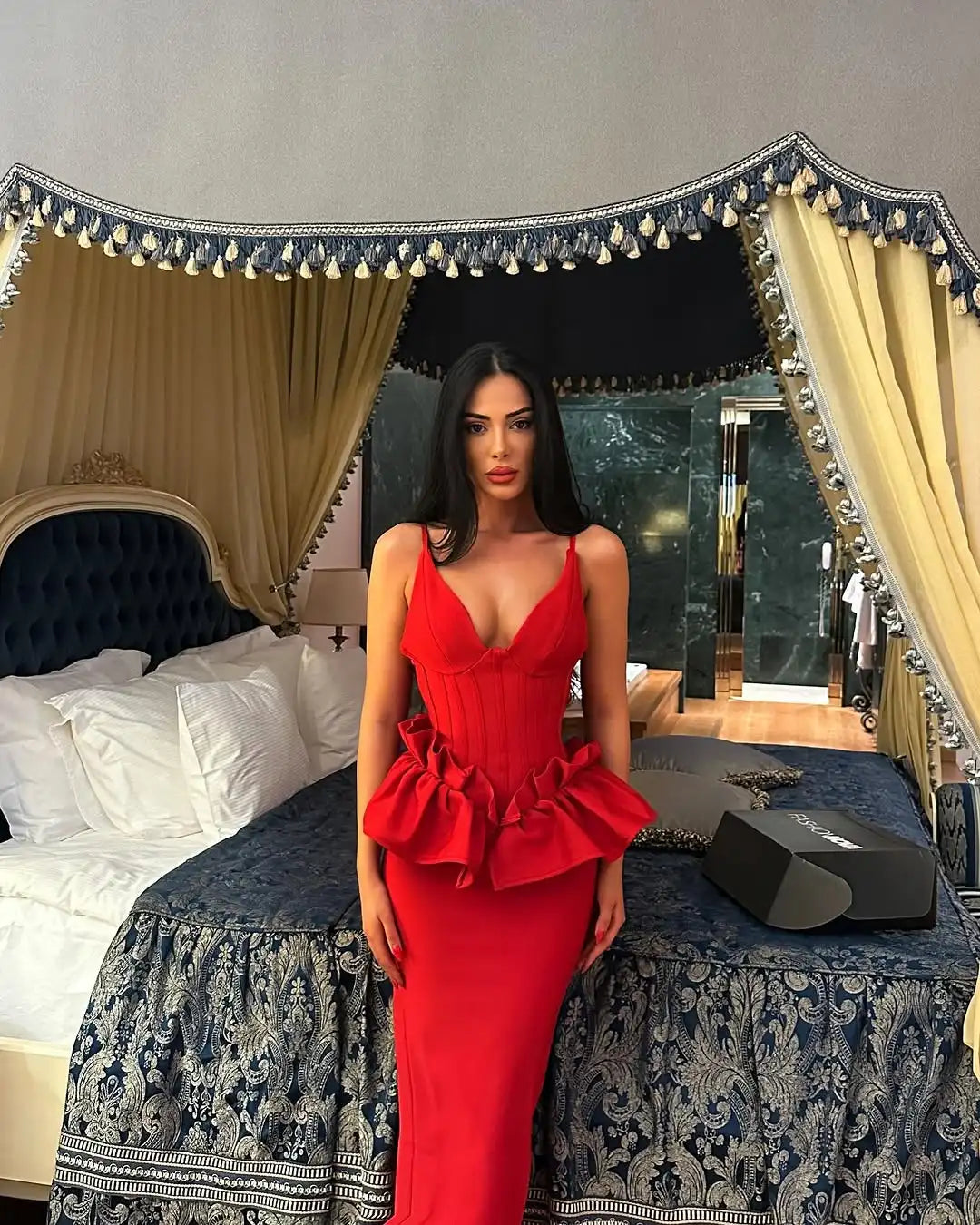 Valentine's Day Women Sleeveless V-Neck Ruffles Bodycon Long Bandage Dress Celebrate Evening Party Birthday Cocktail Dress