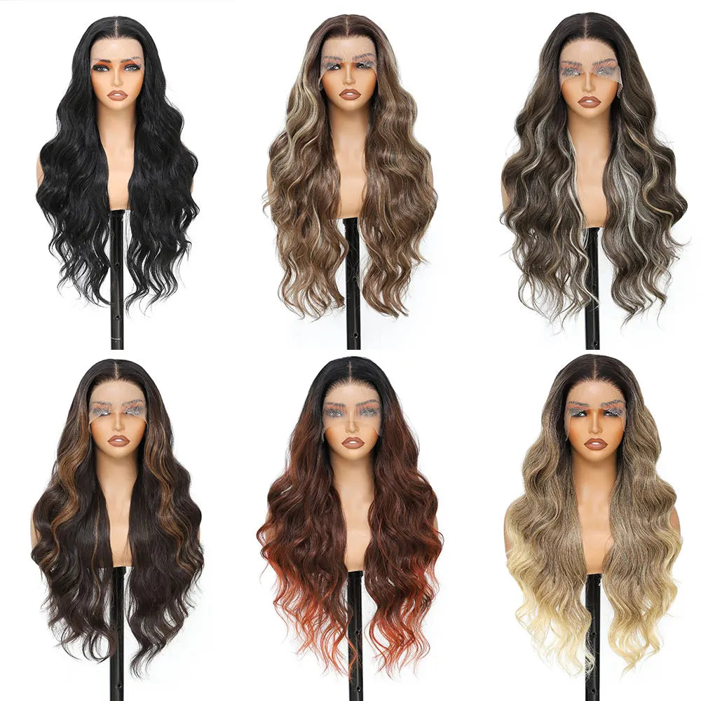 30 Inches 13x4 Body Wave Lace Front Wig Synthetic Loose Deep Wave Highlight 300 Grams Baby Hair Lace Frontal Wig For Women