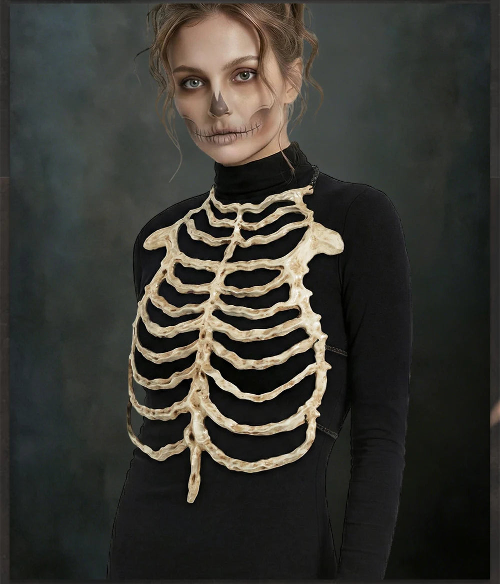 2026Halloween 3D Skeleton Ribcage Chest Piece Fake Bones Polyester Costume Prop for Horror Masquerade Party Makeup Accessories