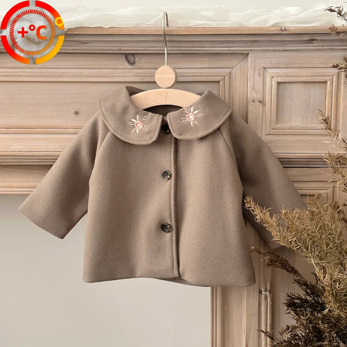 Soft Warm Baby Woolen Fabric Coat Beige/Camel Cute Sun Embroidery Lapel Jacket Infant Toddler Autumn Winter Going Out Outerwear
