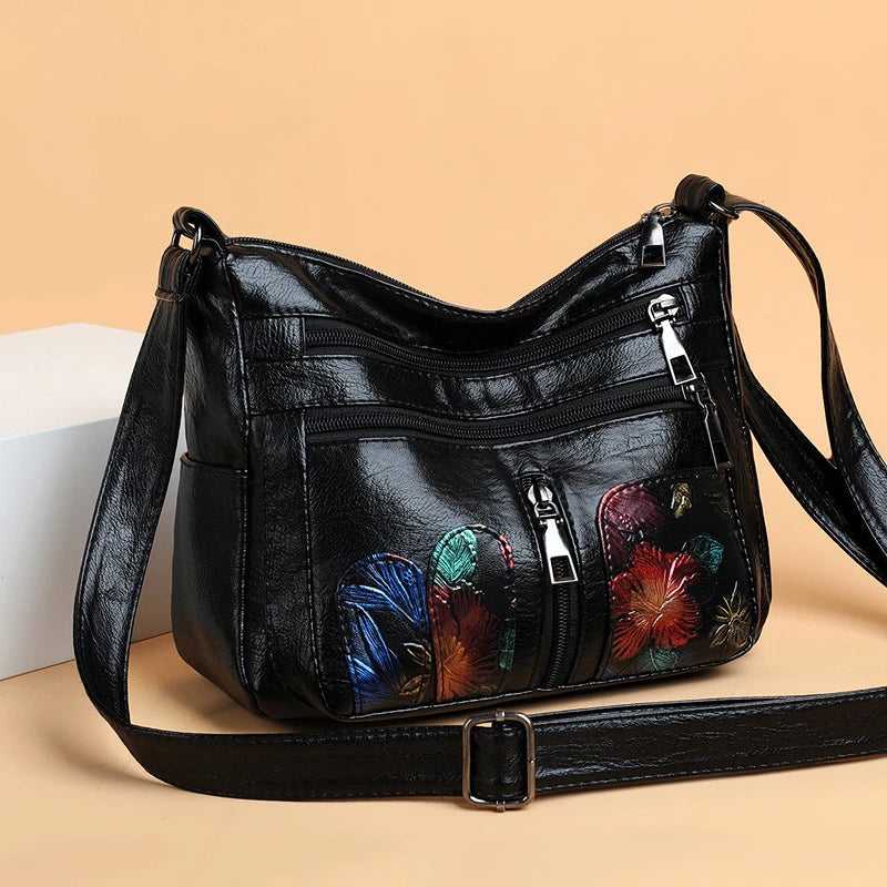 Luxury Soft Leather Women Messenger Shoulder Handbags and Purses Flowers Multi-pocket Crossbody Mommy Bag Ladies Sac 2022 New