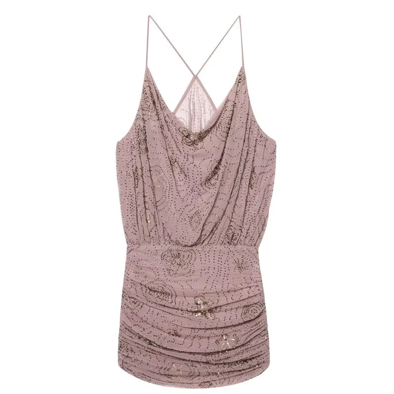Sequin Rhinestone Woman Summer Dress Short Prom Backless Mini Dresses  V-Neck Halter Tops Mini Dress Pink Pleated Ladies Clothes