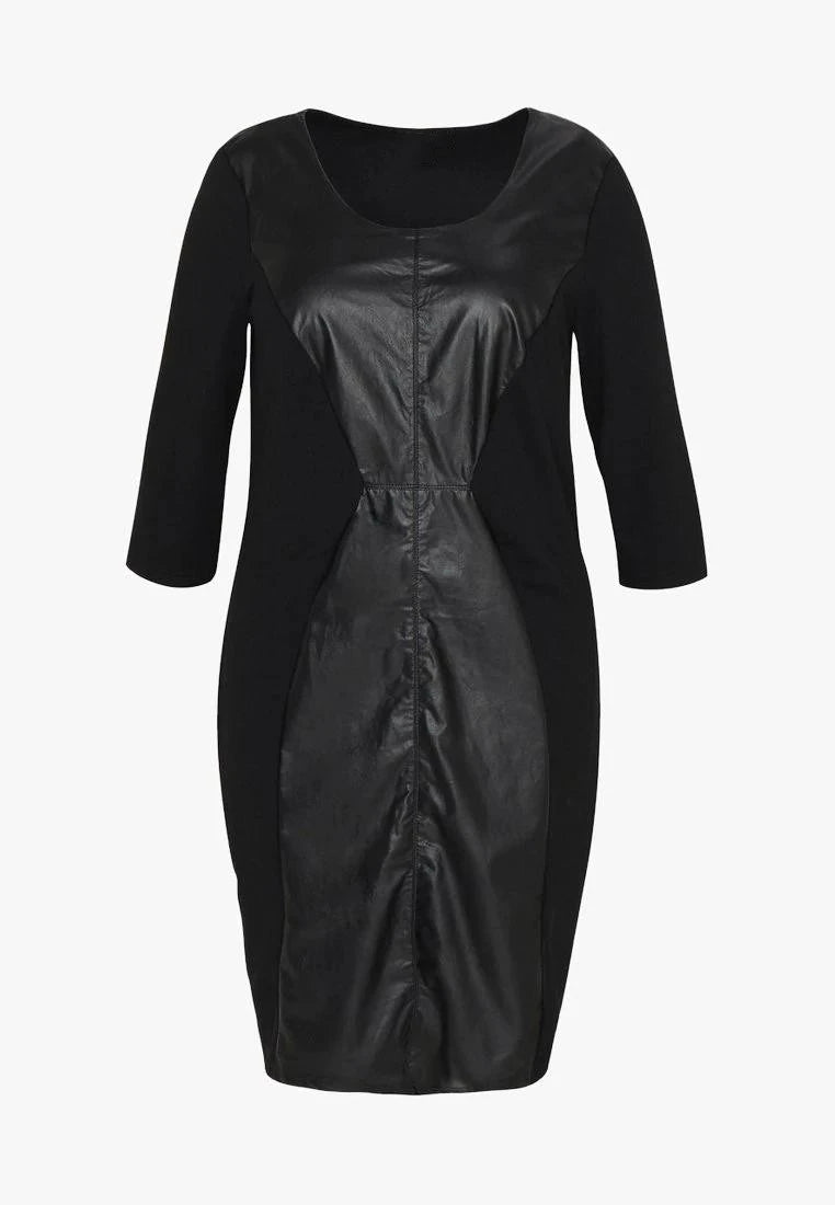 Plus Size Elegant Office Dress Women Quarters Sleeve Knee Length Solid Black Pu Dress Ladies Large Size Sheath Spring Dress 6XL