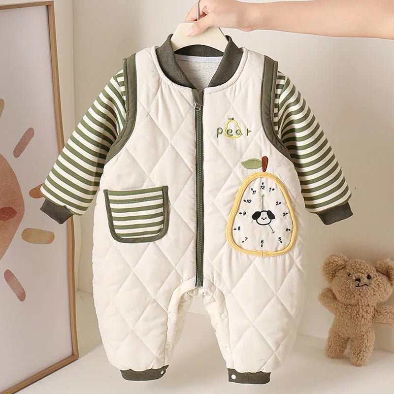 Baby Toddler Fall/Winter Clothing Newborn Thickened Separate Set Baby Boy Striped Sweatshirt Super Cute Quilted Overalls