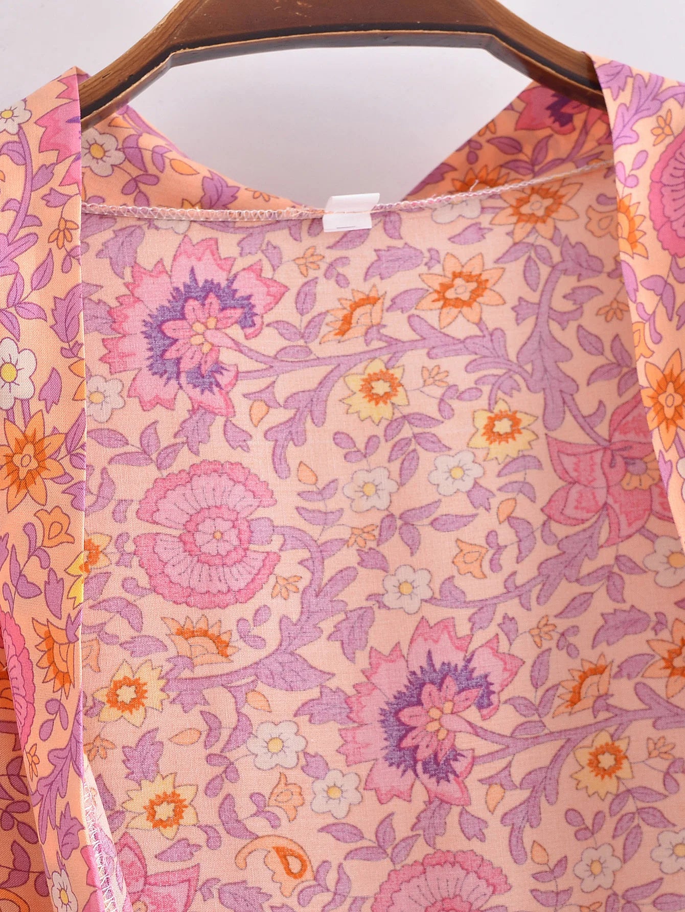 BOHO Women Blue With Pink Flower Print Kimono Shirt Holiday Tide Bow Sashes Mid Long Cardigan Summer Blouse Beach Cape