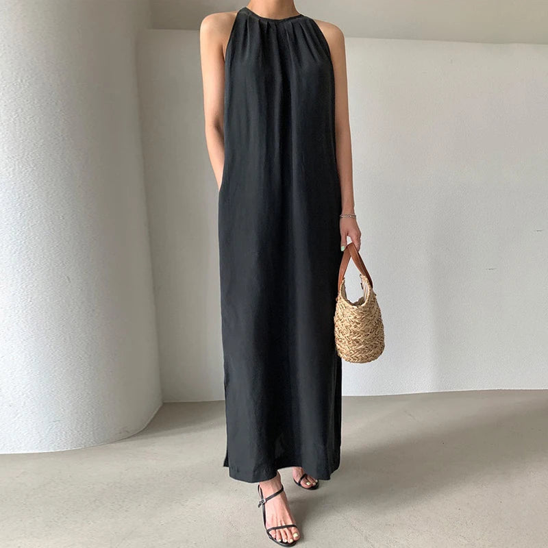 HELIAR Women Halter Strapless Sexy Dress Lace Up Waist Elegant Office Dress Holiday Beach A-line Long Dress Casual Vestidos