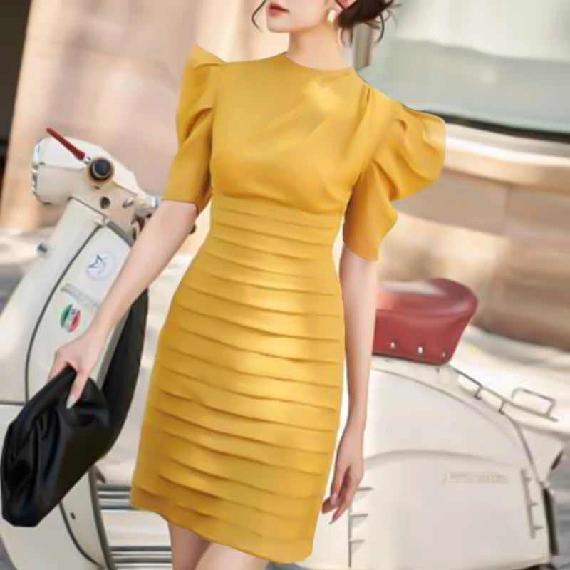 ZANZEA Women Chic Pleated Wrap Dress 2024 Summer Elegant Puff Short Sleeve Party Dress Vintage Cocktail Dress Sexy Slim Vestidos