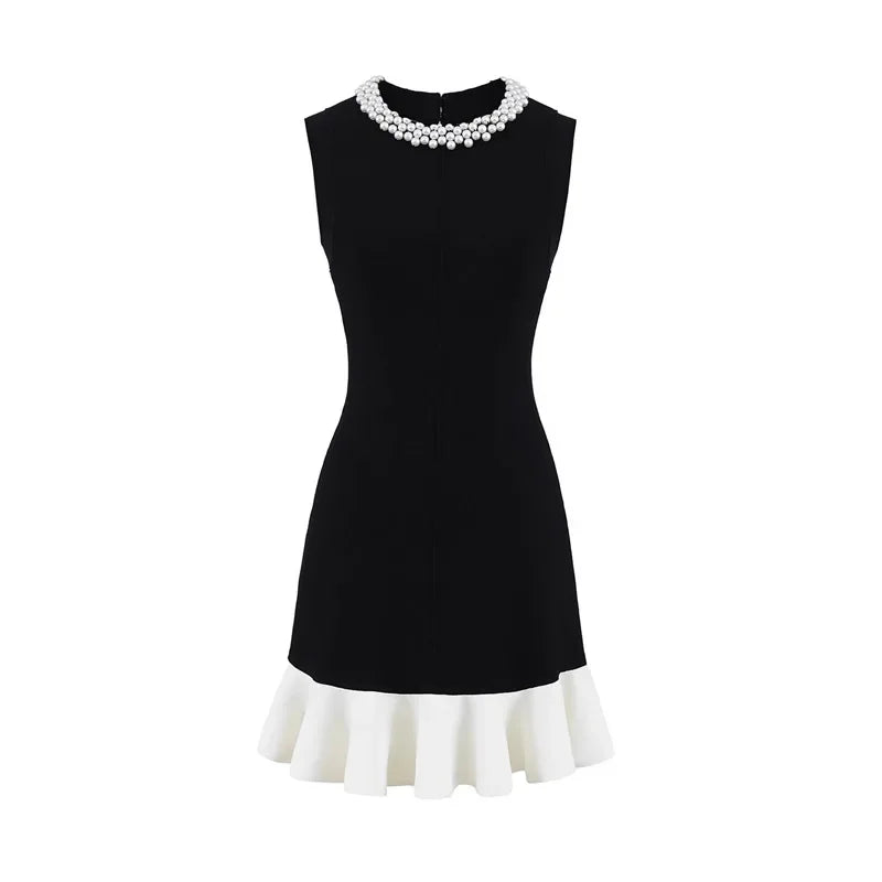 Elegant Pearl Detail Knitted Ice Silk Sleeveless A- Line Dress French Style Summer Dress for Women with Lace Hem Empire Waist