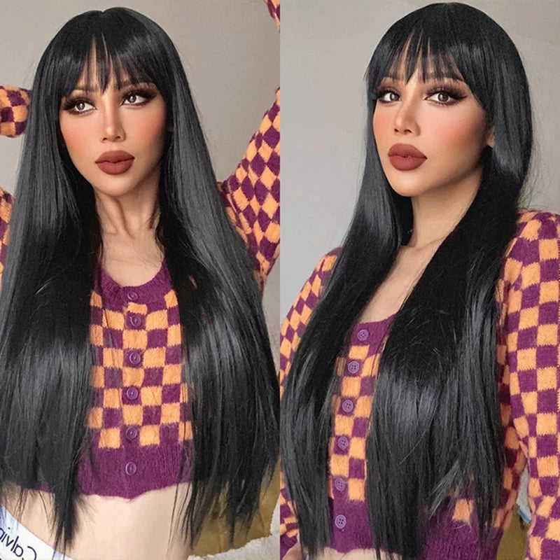 Long Straight Wigs With Bangs Human Hair Fringe 360 Full Lace Front Wig Brazilian Raw Vietnamese Hair Gluless HD Frontal Wigs