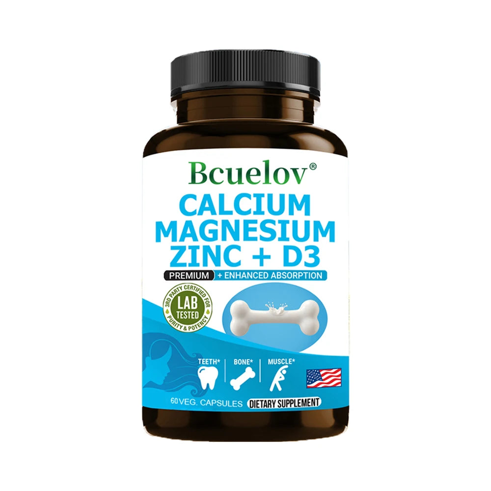 Calcium + Magnesium + Zinc + Vitamin D3 Capsules - Supports Bone and Nervous System Health and Improves Mood