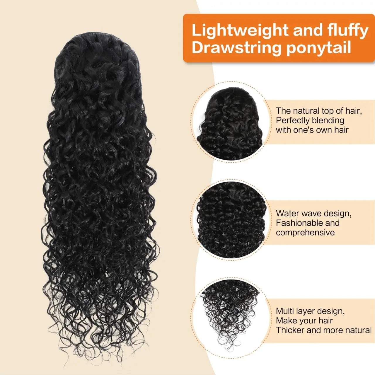 Water Wave Drawstring Ponytail Human Hair Extension 100% Real Human Hair Brazilian Remy Clip In For Women Ponytail Natural Color