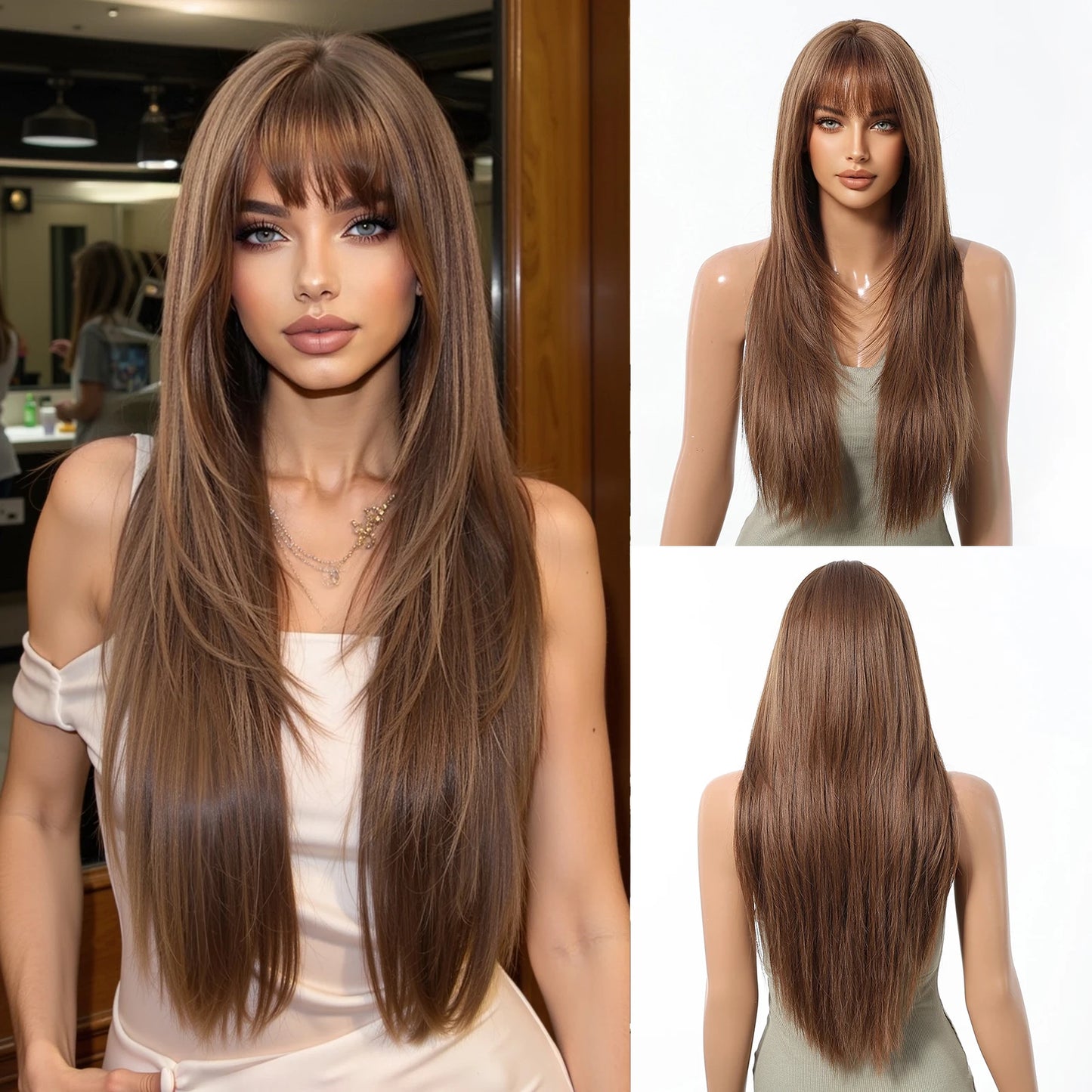 Burgundy Wine Red Ombre Layered Synthetic Wigs With Bangs Super Long Straight Wig For Women Cosplay Natural Daily Heat Resistant