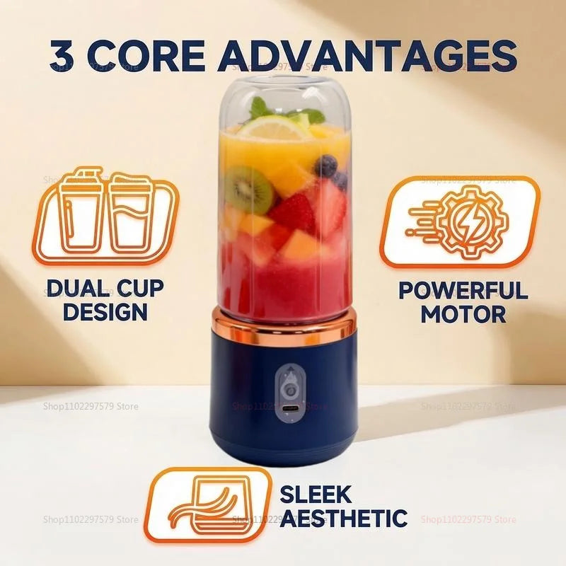 Portable Juicer Cup 6 Blade Blender Household Fruit Juicer Cup USB Rechargeable Double Cup Multifunction Food Portable Blender