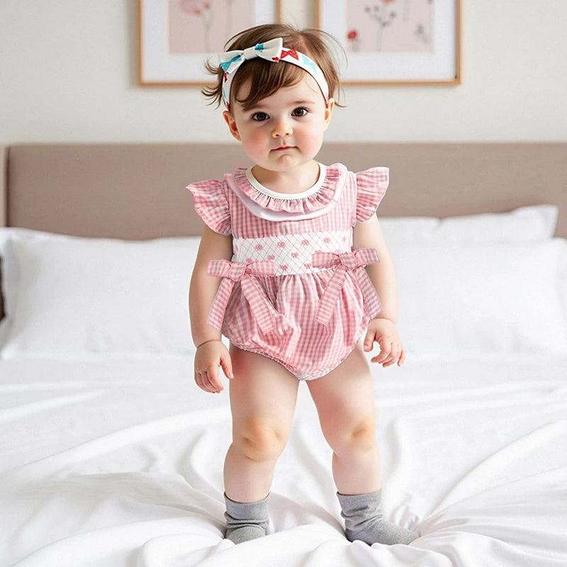 Infant Baby Girl Summer Romper Outfit Ruffle Short Sleeve Bodysuit Bow Embroidery Plaid Jumpsuit 0-18M