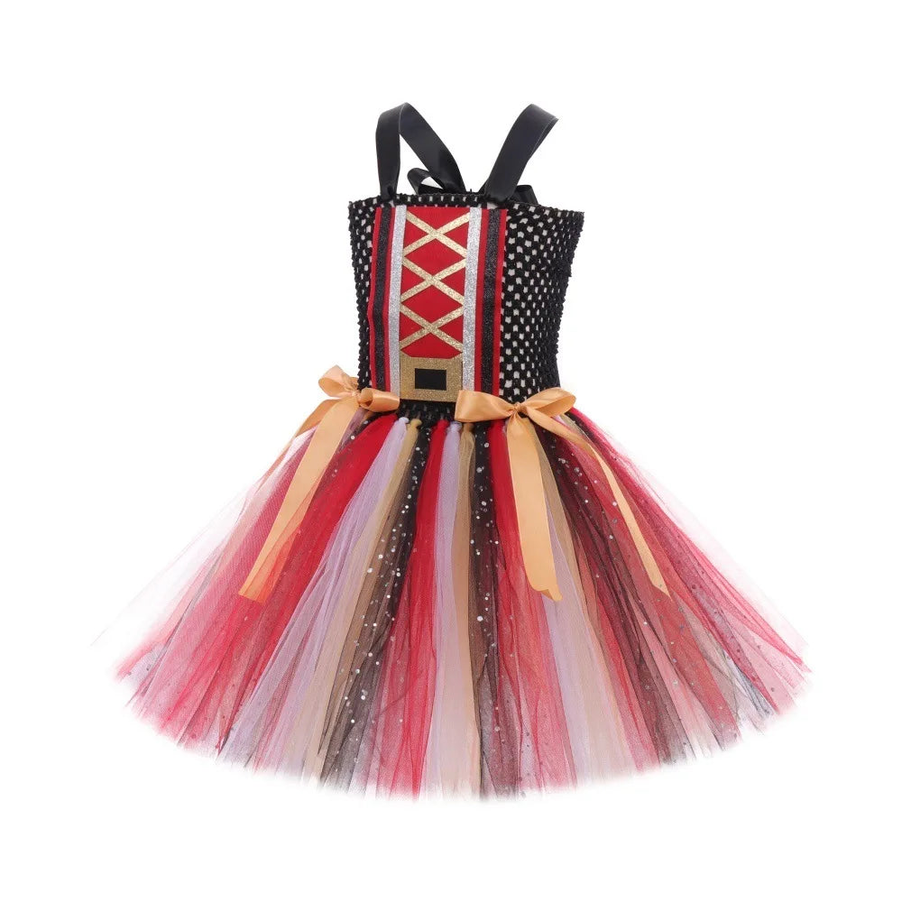 2-12Yrs Children Cosplay Villain Costume Tutu With Hat Girls Halloween Party Outfit Black Red Off Shoulder Princess Pirate Dress