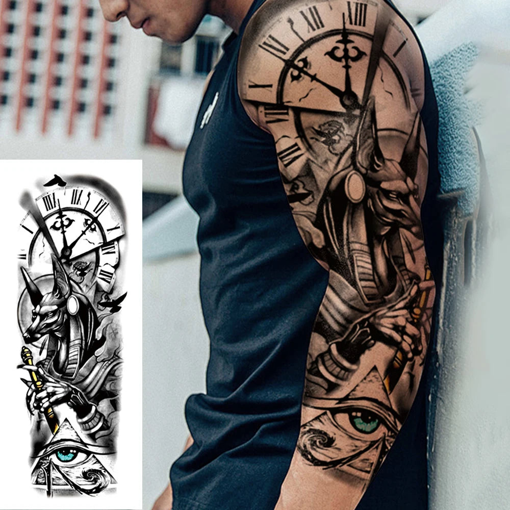 Large Full Arm Sleeve Waterproof Temporary Tattoo Sticker Mechanical Egyptian Dog Eye Clock Fake Tatoo Body Art Tatto Men Women