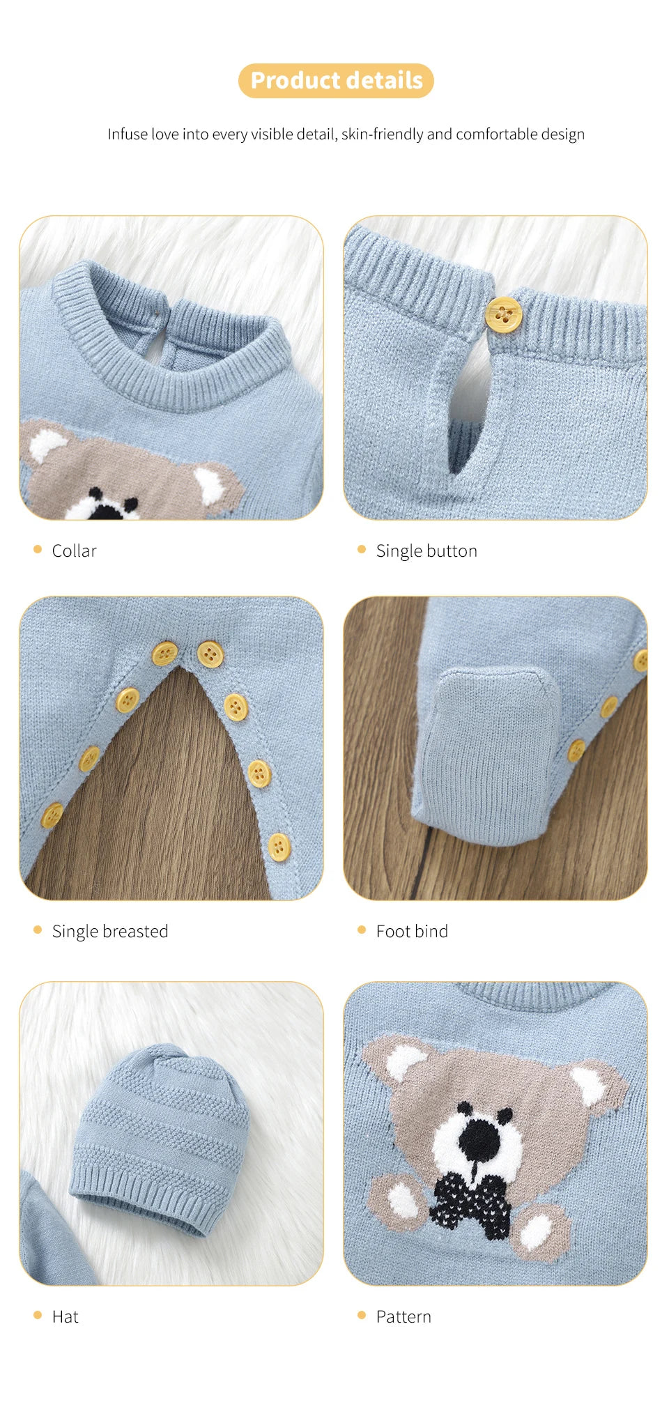 Sweet Autumn Winter Long Sleeve Baby Boys & Girls Rompers + Hat Outfits Soft Knitwear Newborn Infant Bodysuit Jumpsuit Playsuit