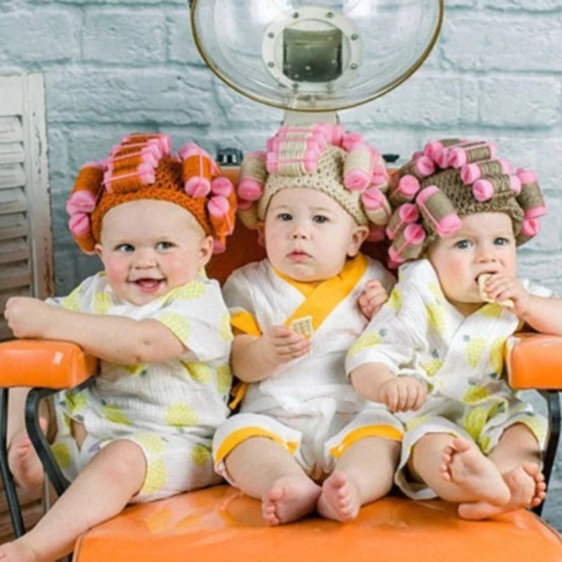 Soft Crochet Toddler Curler Hat Old Lady Costume Wig Baby Kids Dress Up Funny Granny Costume Photo Prop Halloween School Play