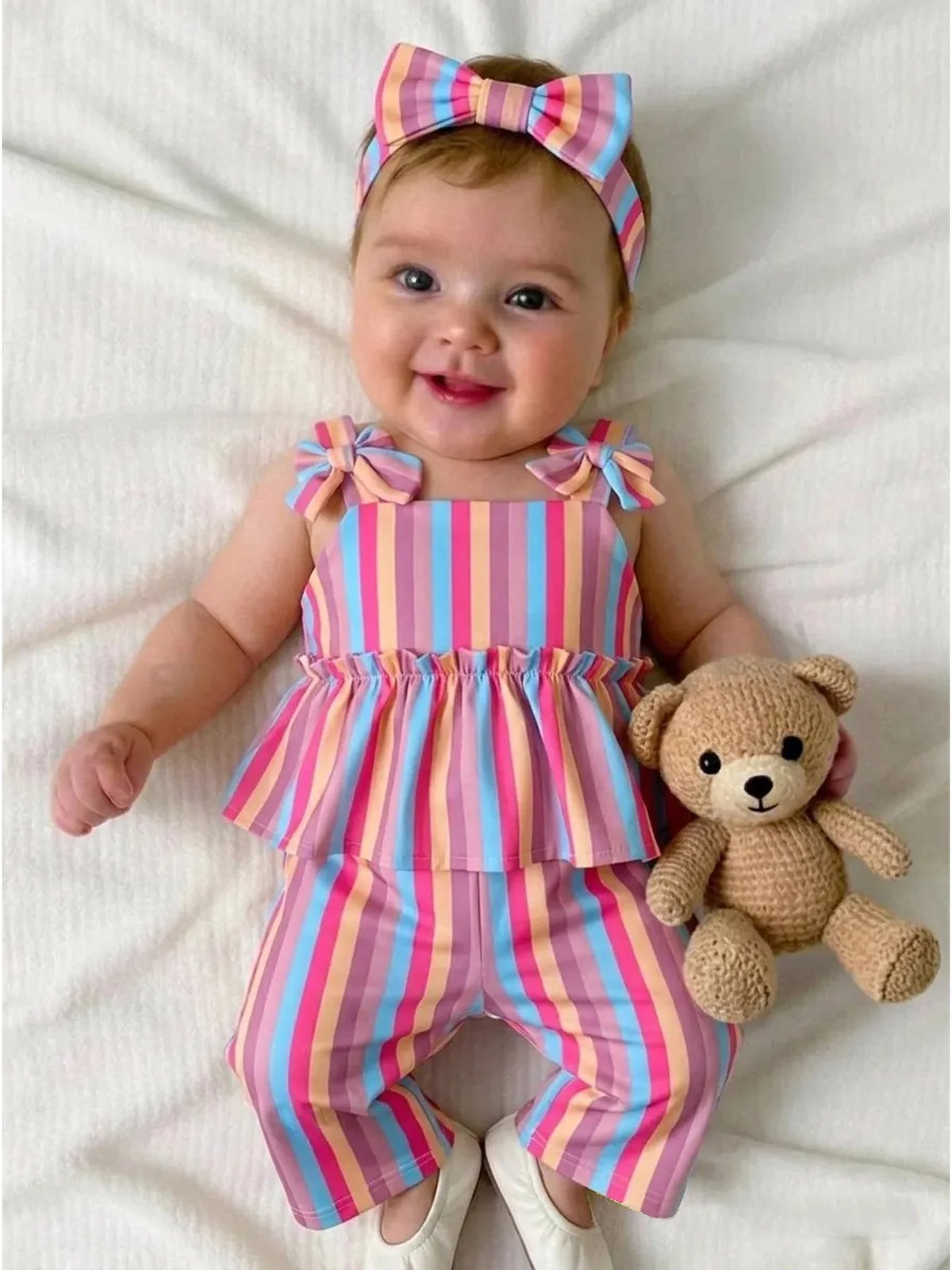 Baby Children's Clothing Set with Thick Shoulder Strap Bow Detail Stripe Color Block Skirt Top And Elastic Waist Striped Pants C