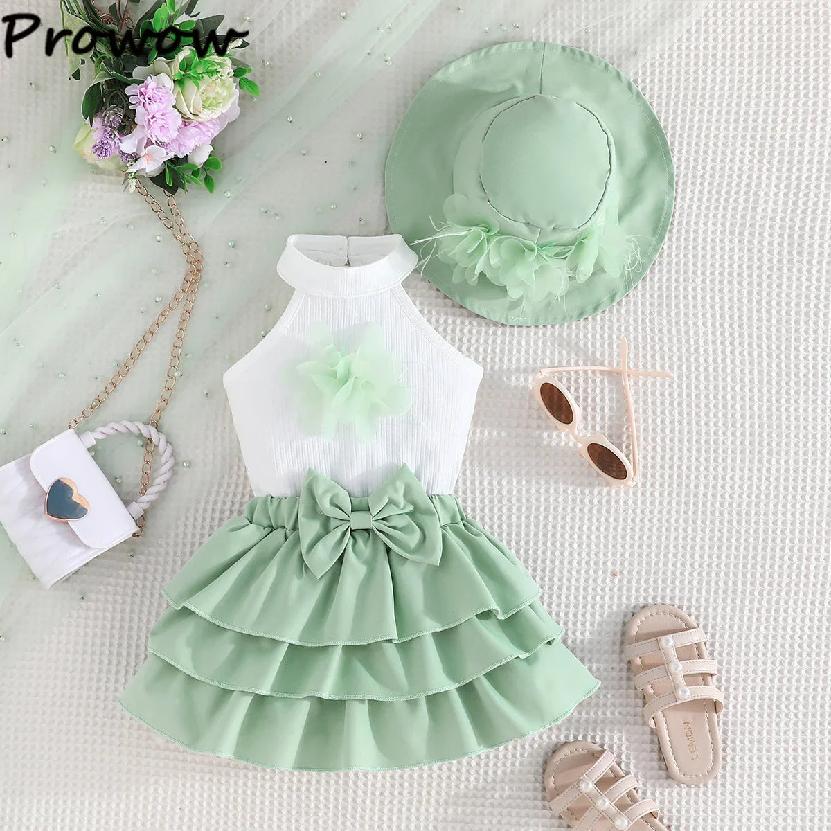 Toddler Girl Outfit Sets Sleeveless Turtleneck Fixed Flower T-shirt+Layered Skirt+Sun Hat Summer 3pcs Sets For Baby Girl Clothes