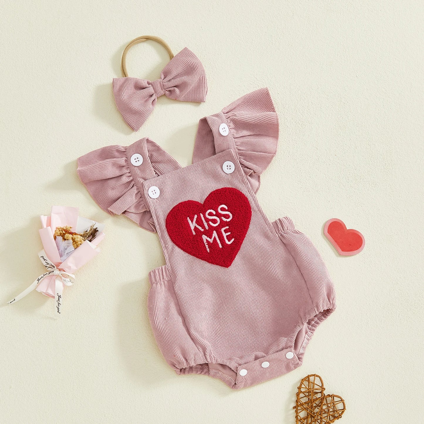 Baby Girl Valentines Outfit Letter Love Heart Embroidered Ruffled Trim Flying Sleeve Romper and Bow Headband 2 Pcs Set