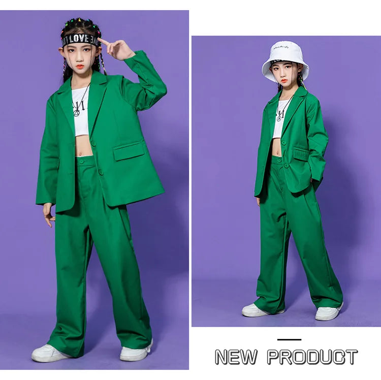 Kids Hip Hop Dance Costume Boys Girls Blazer Pants Set Streetwear Outfit for Stage Performance Competition Jazz Dance Photoshoot