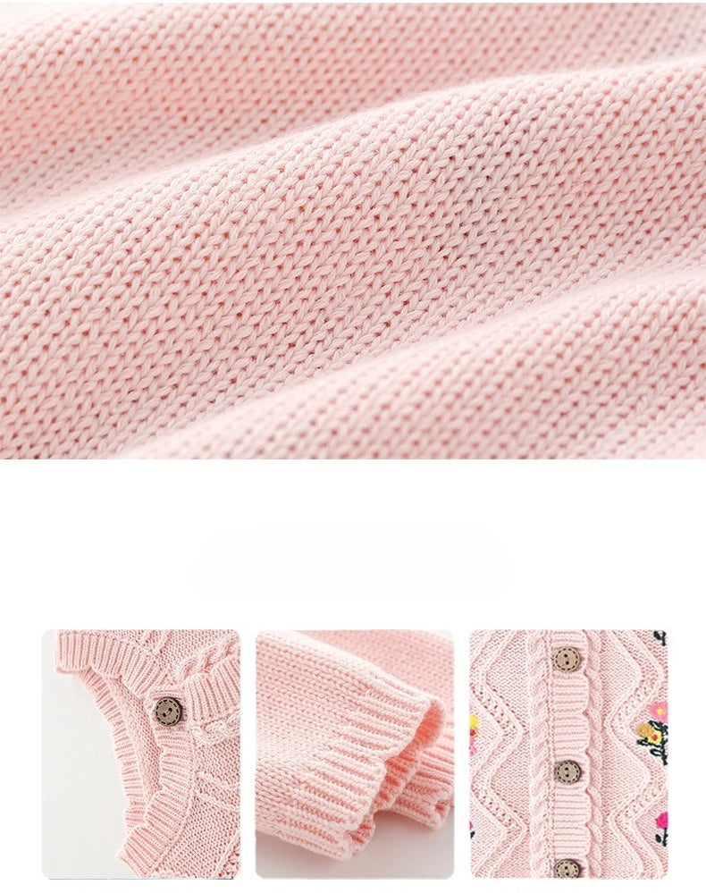 0-24M 100% Cotton Newborn Flower Baby Girl Romper Sweater Winter Clothes Knit Thick Warm Floral Embroidery Jumpsuit Outfit