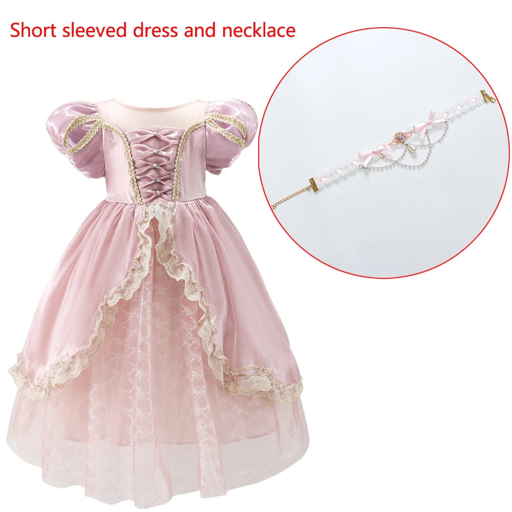Kids Pink Aurora Princess Lolita Dress Halloween Costume Girl Sleeping Beauty Princess Cosplay Birthday Party Dresses for 2-12Y