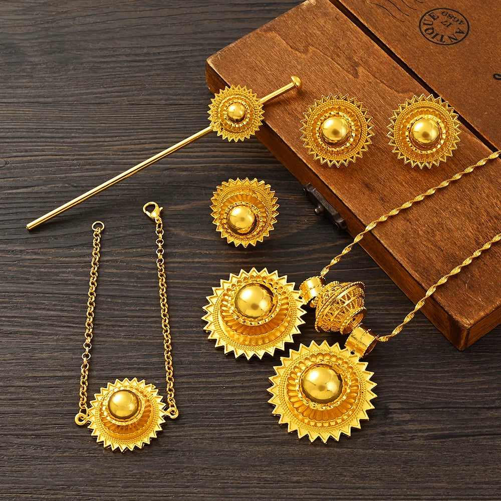 Ethiopian  Jewelry 2pcs Pendant/Necklace/Earring/Ring/Bracelet Gold Color Eritrea Set Man Women's Habesha Wedding Party Gift