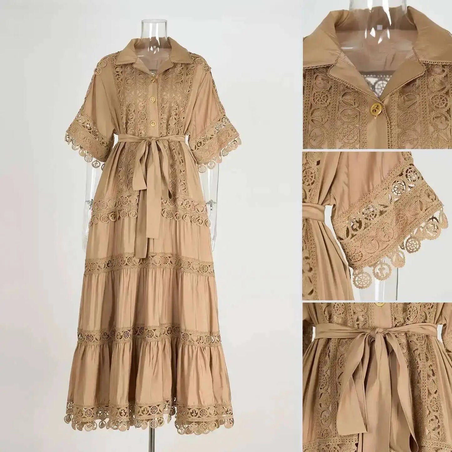 Luxury Long Maxi Dresses Shirt Women 2025 Summer Holiday Lace Embroidery Cotton Loose Big Size Hollow Out Wedding Dress White