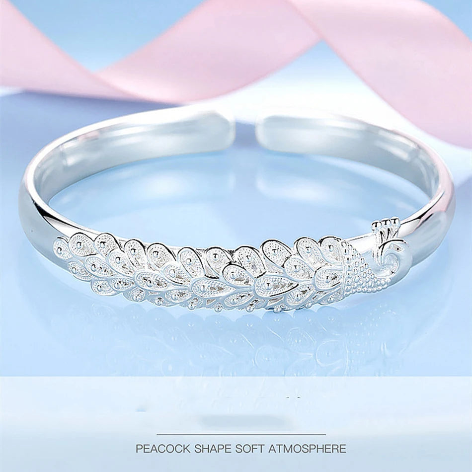 925 sterling silver elegant Peacock opening screen bracelet Bangles for women fashion party wedding Accessories jewelry gift