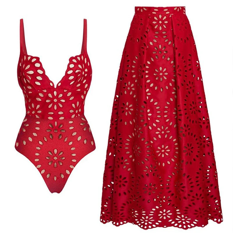 Flaxmaker Summer New Women Sexy Hawaiian Lace Up V Neck Ruffle Swimsuit and Sarong Women Swimwear Set Push Up Bathing Suit
