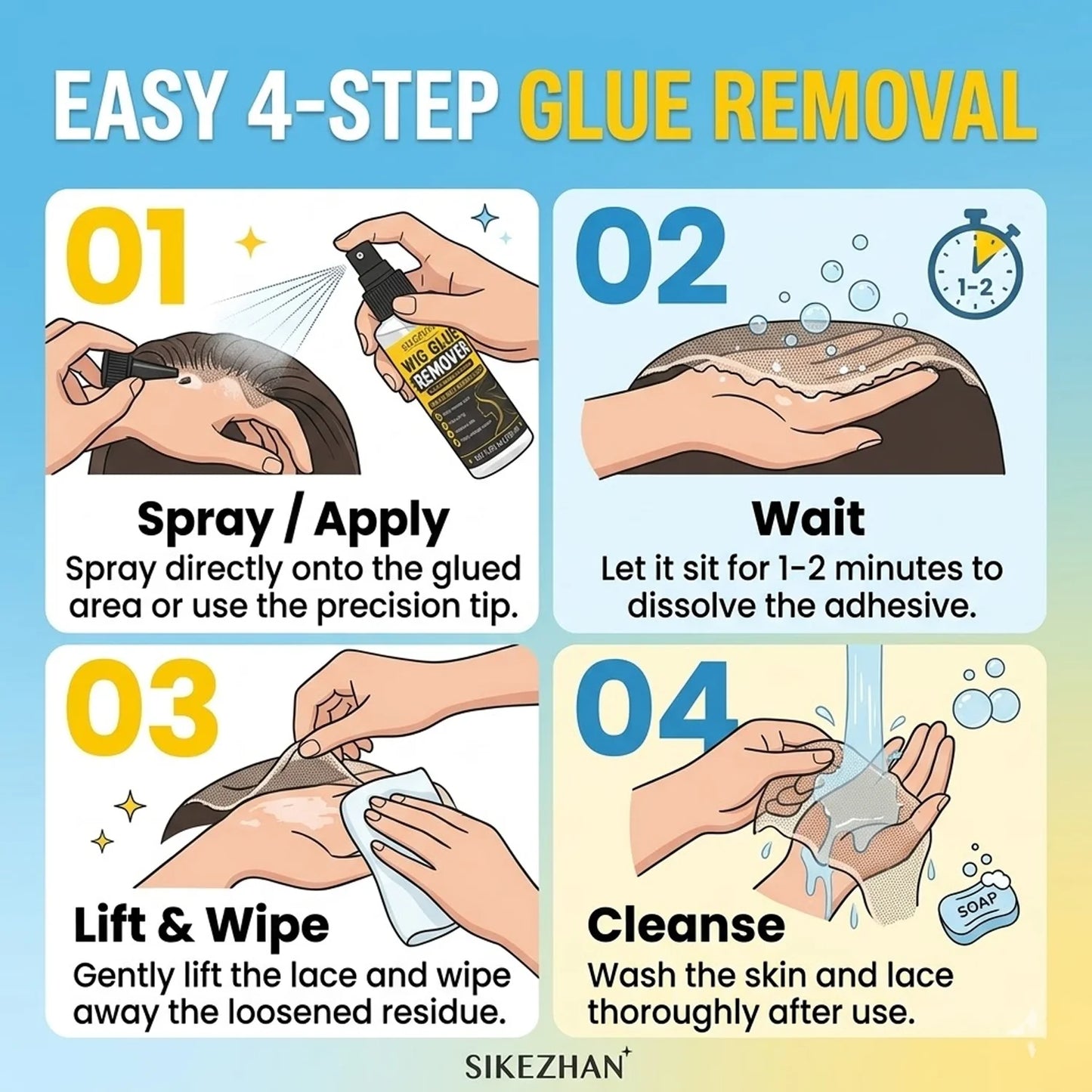 SIKEZHAN 120ml Wig Glue Remover Gentle Citrus Lace Adhesive Solvent Spray with Precision Tip for Toupee Hair Extension Tape