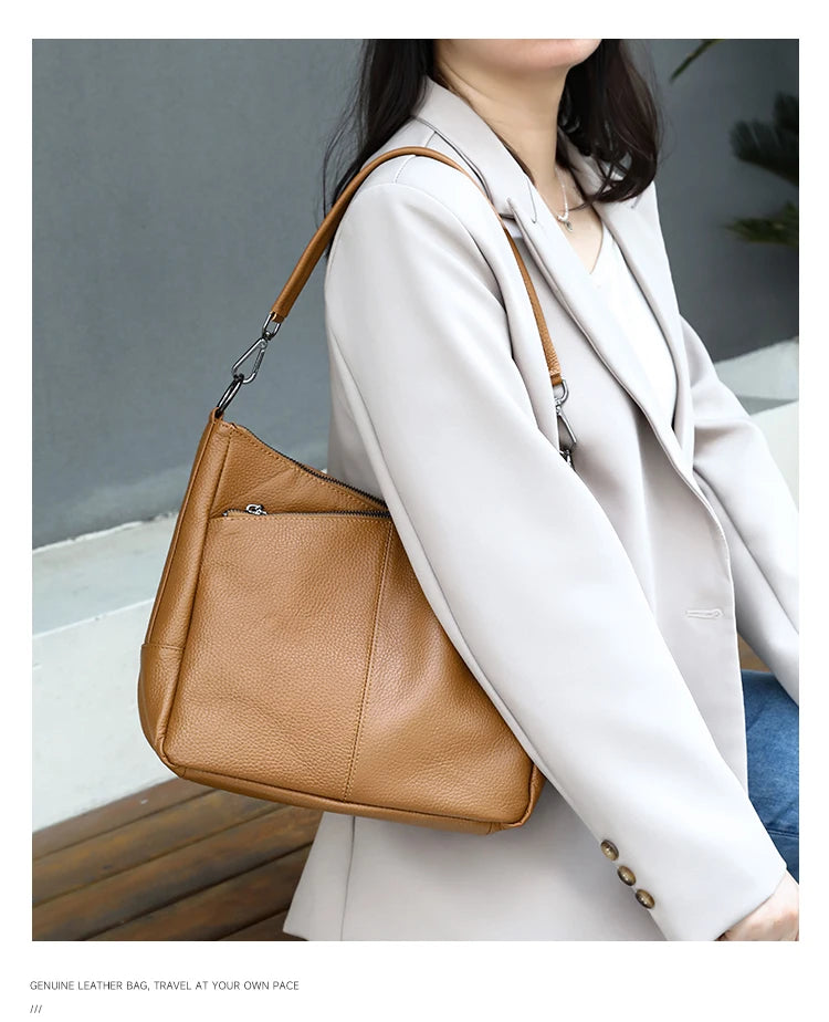 Women Full Grain Cow Leather Hobo Bag With Two Straps Multi Color Large Capacity Shoulder Crossbody Handbag