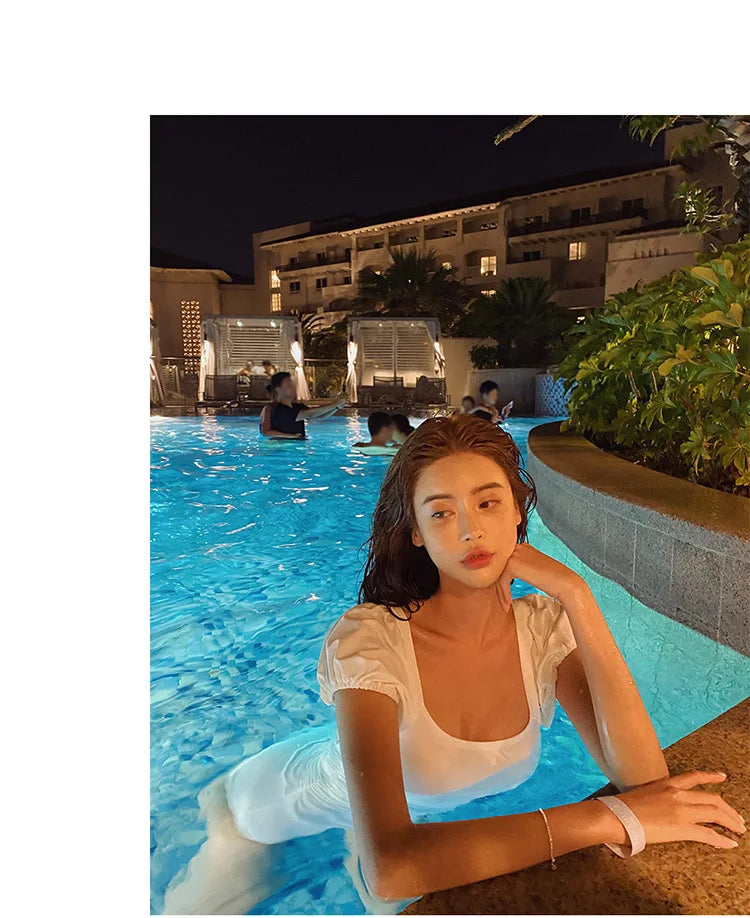 Slimming One-Piece Swimsuit Women's High-End Bubble Sleeve Square Collar Thermal Vacation Bodycon Sexy Pure Color Swimwear