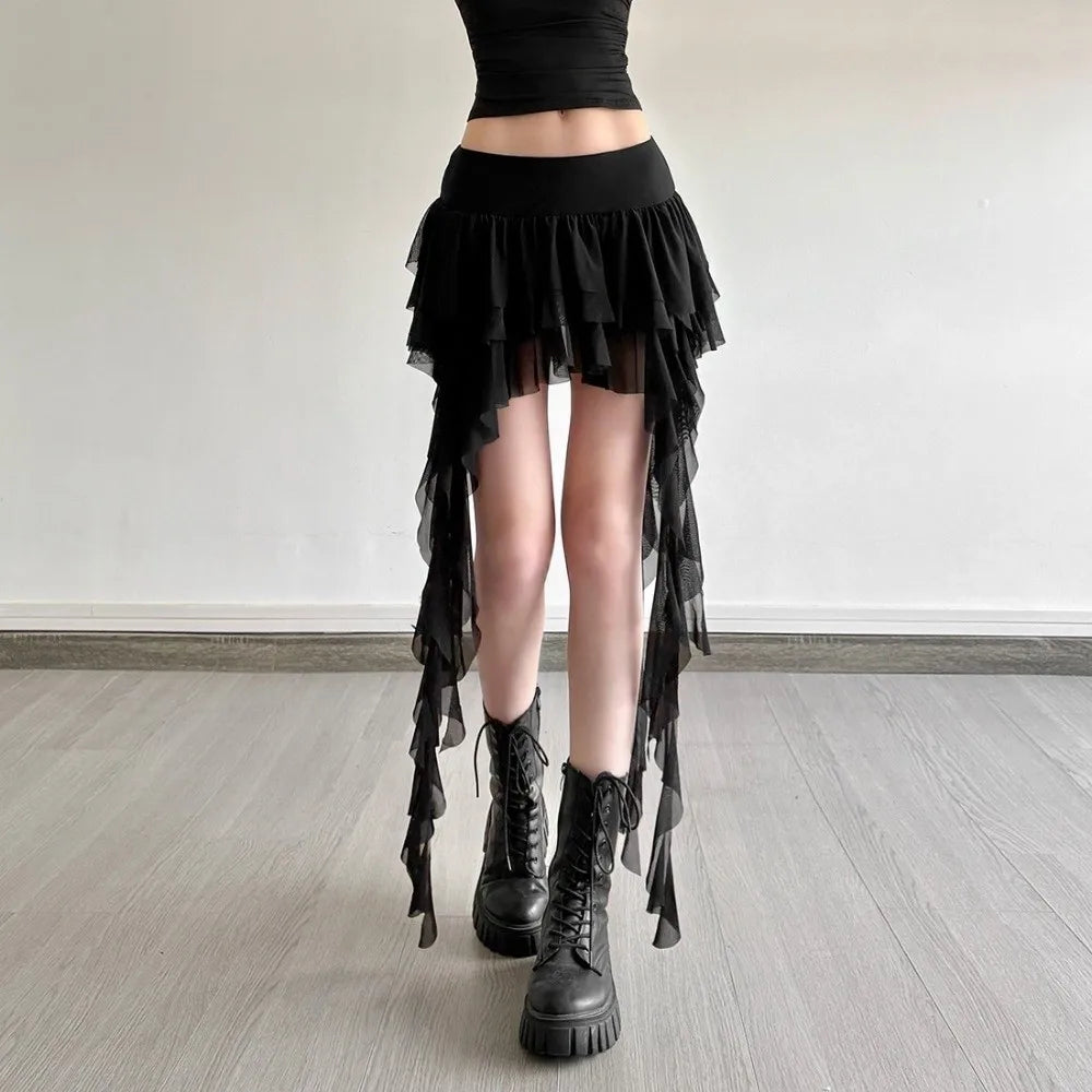 Casual High Waist Women's Tiered Skorts Layered Asymmetrical Hem Mini Skirt Ruffled Flowy Goth Skirt Summer Wear