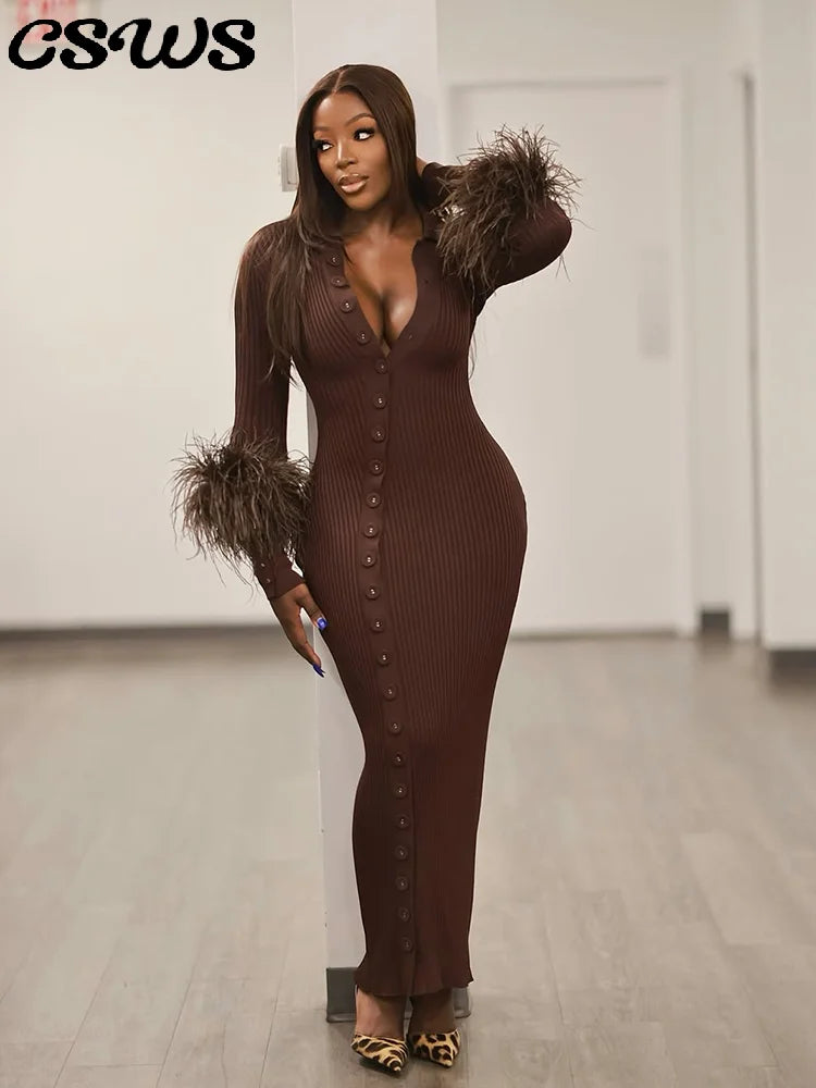 Sexy Knitted Fur Long Party Dress Women Solid Patchwork Full Sleeve V-neck Single Breasted Slim Dresses 2025 Fashion Evening Rob