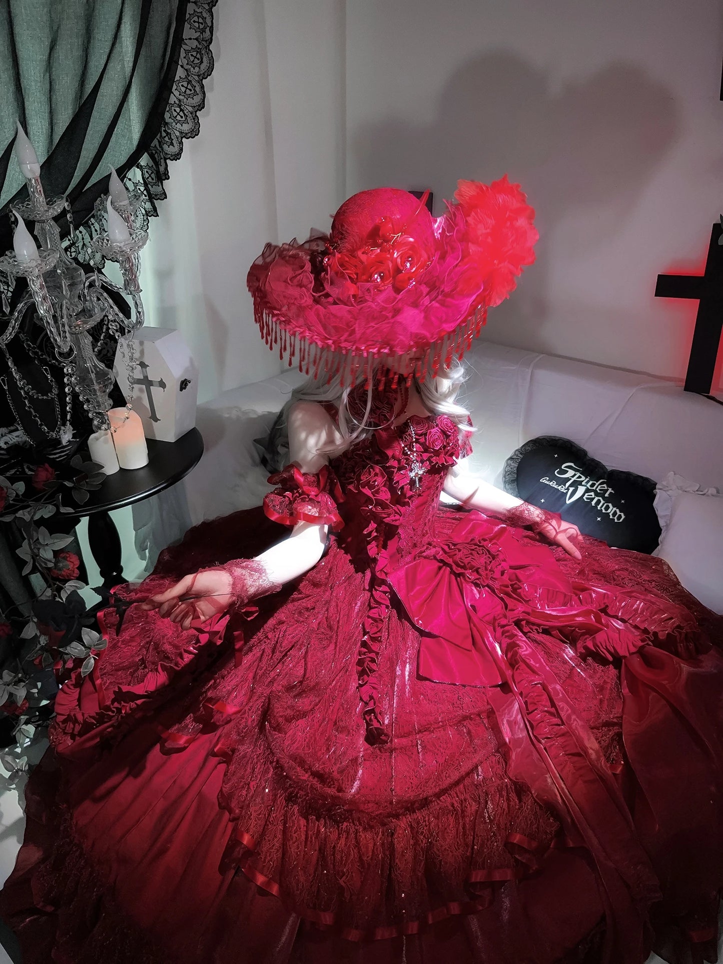 Original Burgundy Fish Bone Flower Wedding Dress Lolita Girl Women's Fairy Lace Bow Slim Maxi Long Party Birthday Dresses