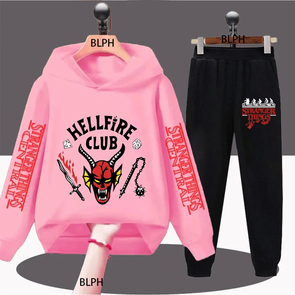 Hellfire Club Kids Hoodie Set with Devil Skull, Dice, Swords, and Spiked Chain Design for Trendy Little Ones