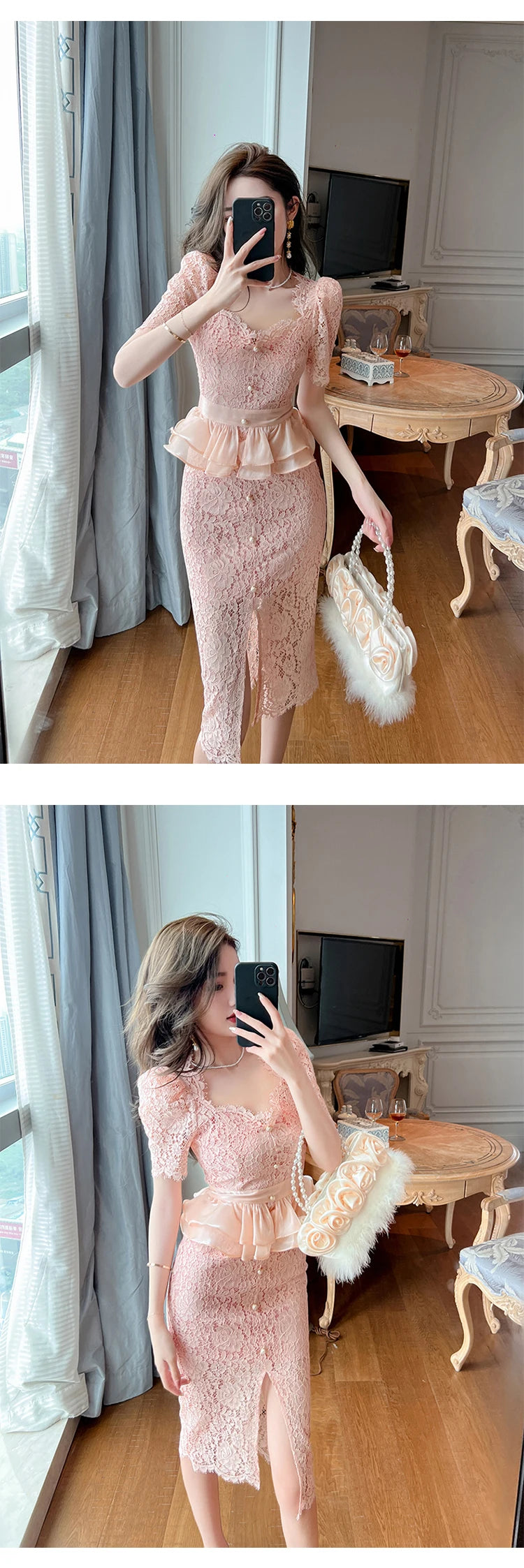 New Summer Elegant Women Evening Dress Chic Lace Pink Sheer Sexy Low Cut Ruffle Slim Midi Pencil Party Prom Femme Mujer Vestidos