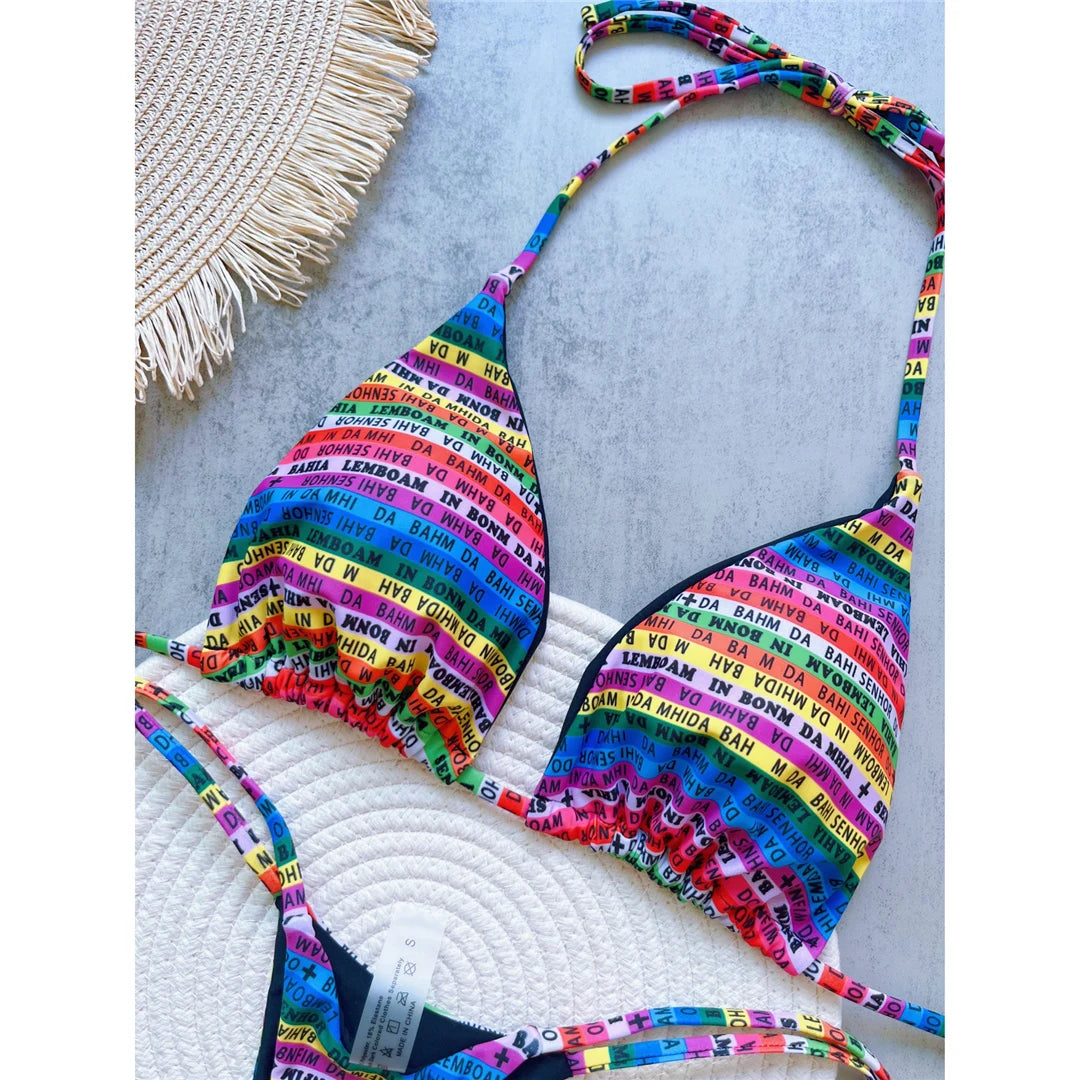 Letters Printed Colorful Mini Thong Bikini Women Swimwear Female Swimsuit Two-Pieces Bikini Set Bather Bathing Suit Swim V6041