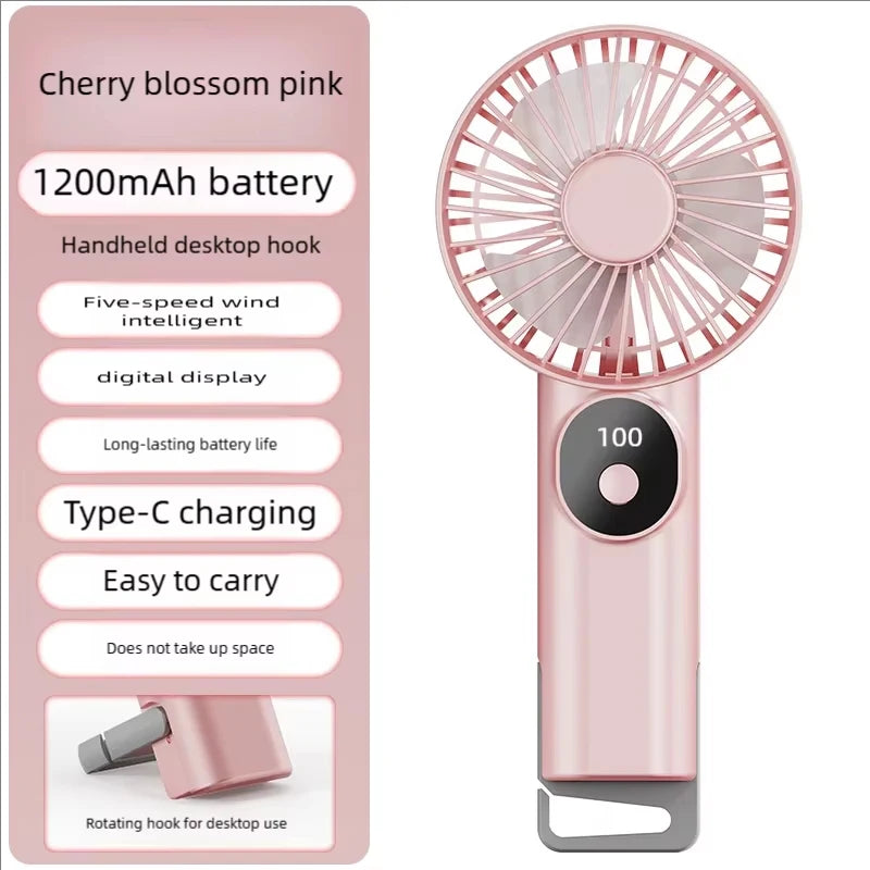 5 Levels Air Cooling Fan with Buckle Portable Handheld Fan LED Screen Outdoor for Home Office Outdoor USB-C Rechargeable Fans