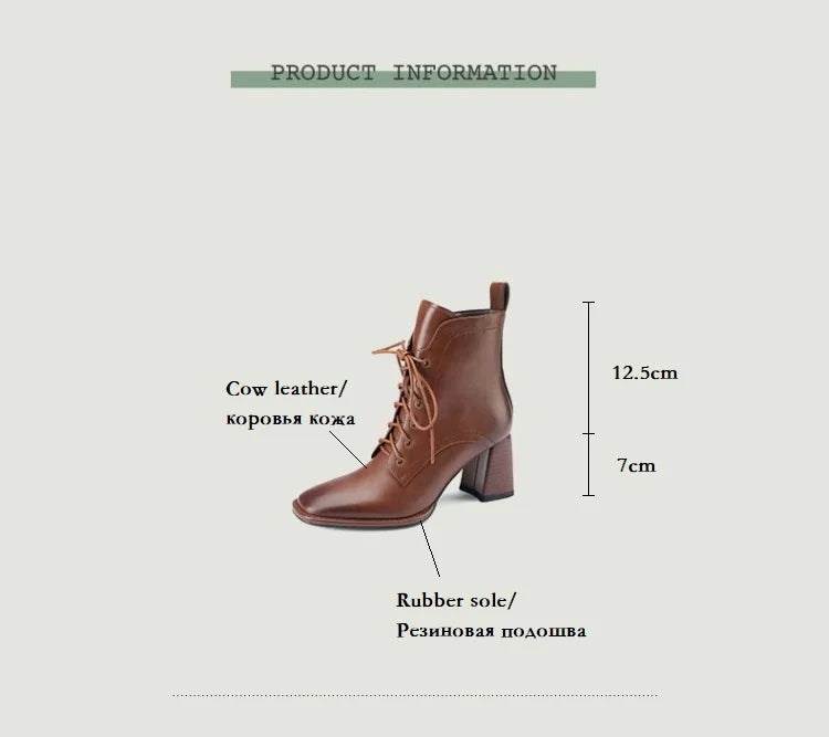 New Autumn/Winter Women Boots Cow Leather Fashion Women Shoes Square Toe High Heel Shoes for Women Lace Up Modern Short Boots