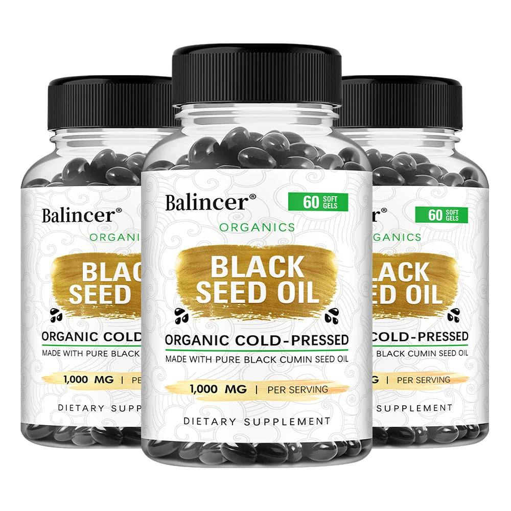 Organic Black Cumin Seed Oil 1000mg Capsules, Cold-Pressed, Immune & Hair Skin Support, Nutritive Antioxidants Non-GMO Vegan