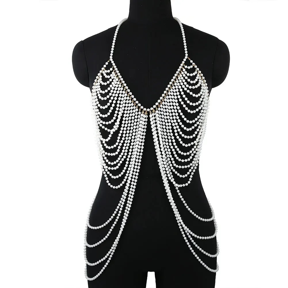 Sexy Pearl Body Chain For Women Necklaces Shawl Female Punk Style Beaded Collar Shoulder Sweater  Long Chain Bridal Body Jewelry