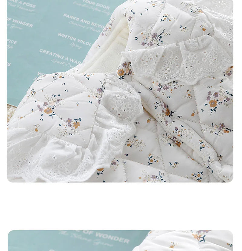2024 Fall & Winter Baby Clothes 0-2 Y Sweet Toddler Girls Floral Fur Lining Rompers Infant Newborn Warm Jumpsuit with Hat