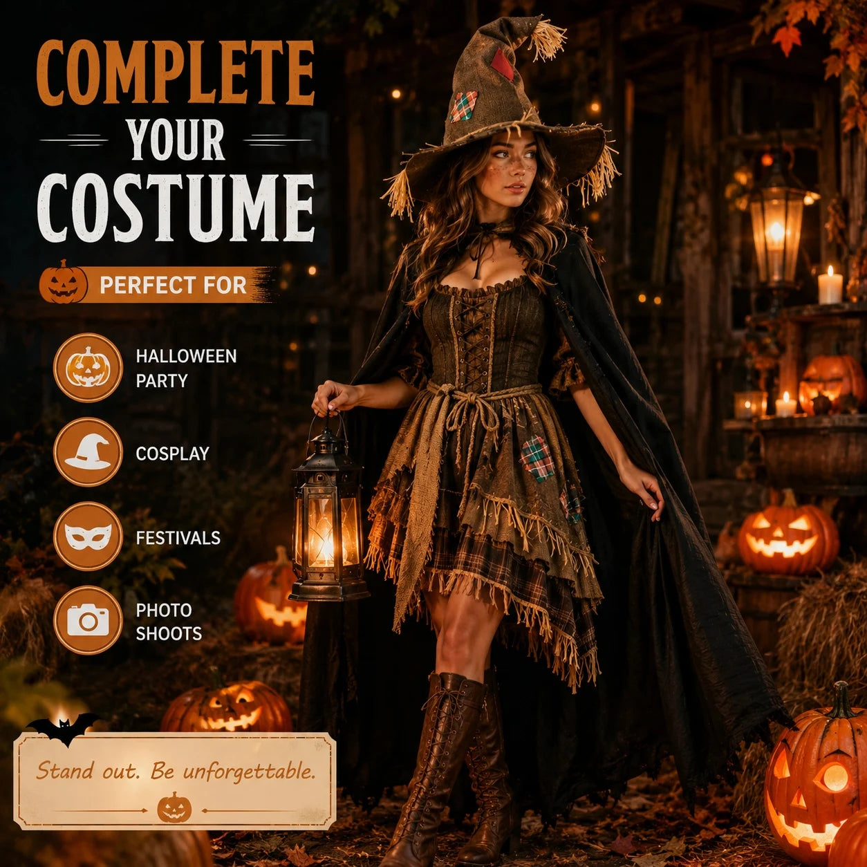 Halloween Witch Hat for Women, Pumpkin Patch Costume Accessory for Fall Festival
