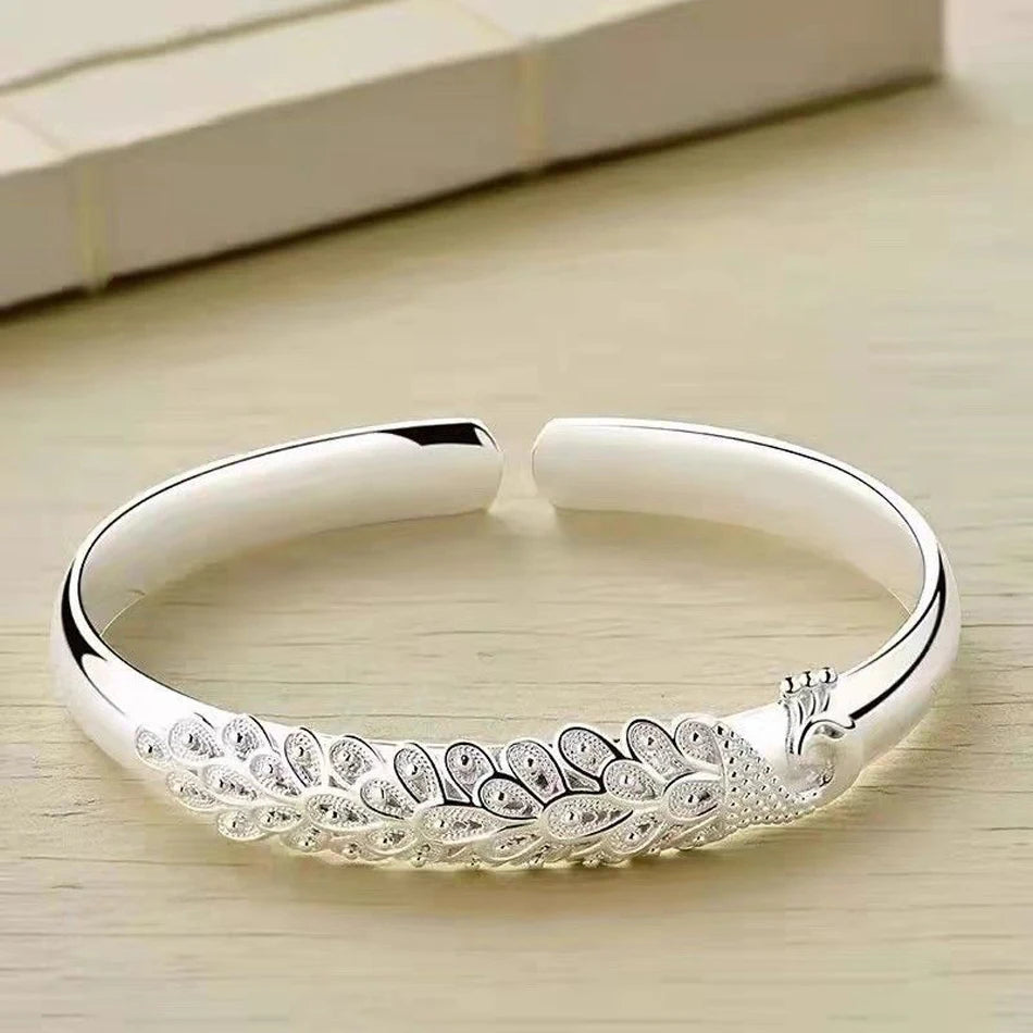 925 sterling silver elegant Peacock opening screen bracelet Bangles for women fashion party wedding Accessories jewelry gift