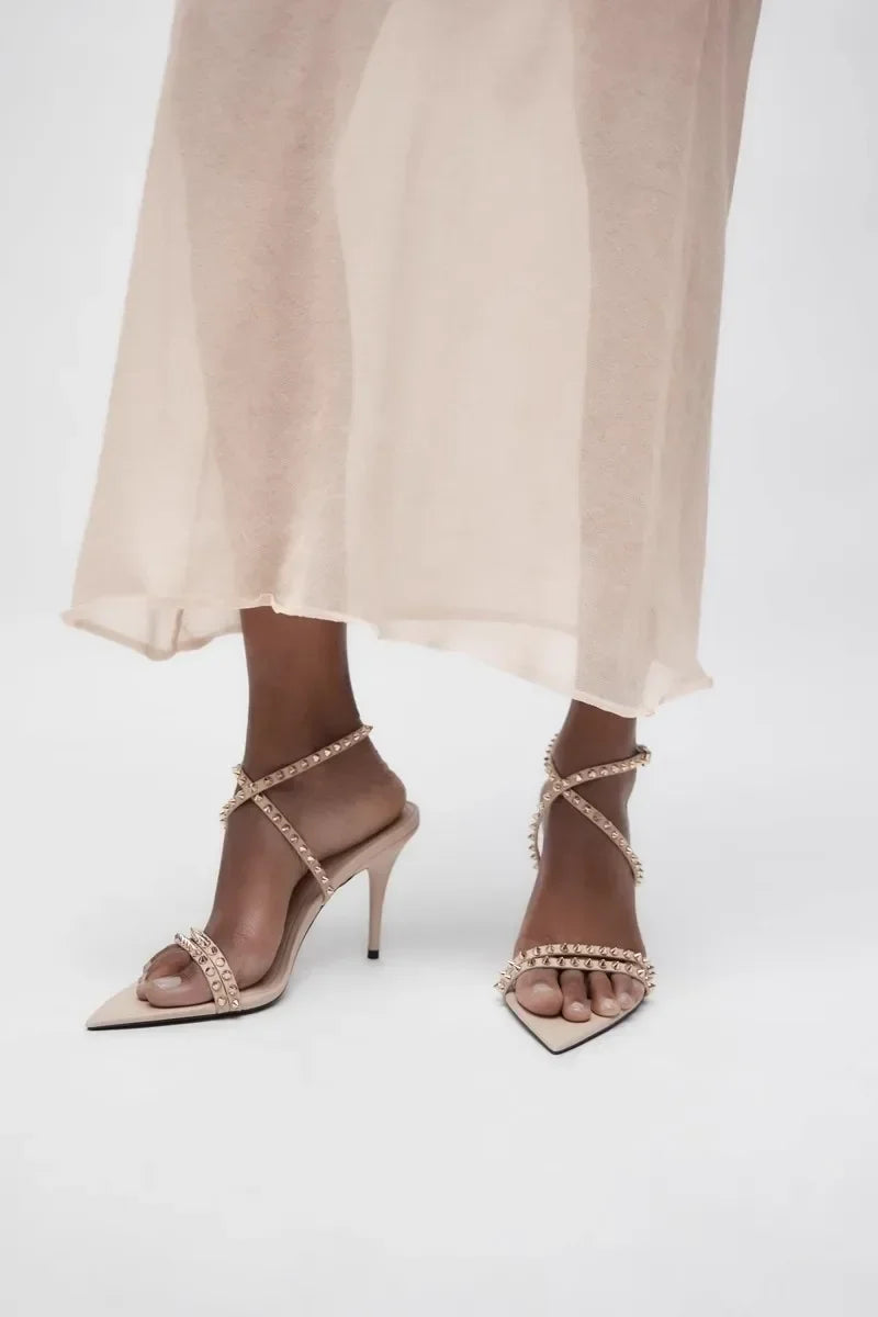 Luxury Designer Rivet Embellished Thin Heeled Sandals Women Summer Sexy Pointed Toe Ankle Strap High Heels Elegant Party Shoes